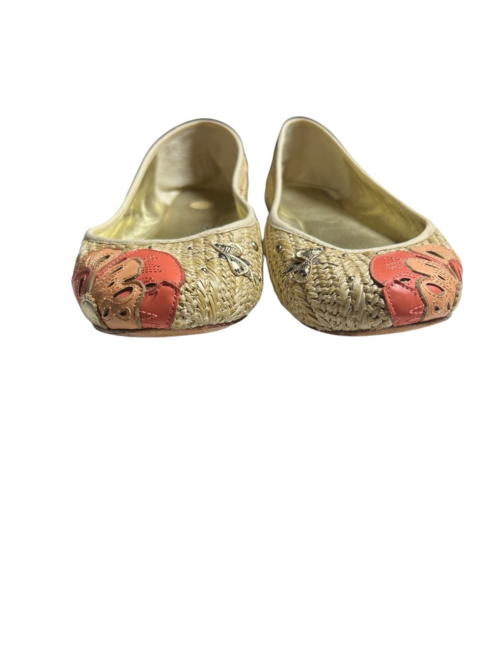 Coach Raffia Ballet Flats Beige Woven Leather Floral Butterfly Dragonfly Whimsy - Picture 2 of 11